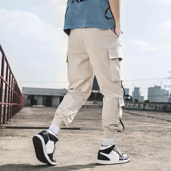Herre Cargobukser Løse ankelbånd med snøring Elastisk midje Ensfarget multilommer Stroppdekor Fitness Streetwear Utendørs reisesportsbukser