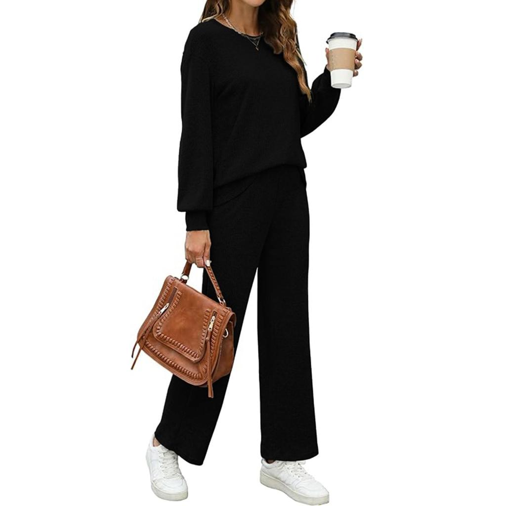 Women's set autumn and winter solid color starry sky thread home long-sleeved round neck top straight trousers