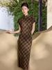 Retro coffee plaid short-sleeved improved cheongsam stand-up collar buckle long style gentle temperament daily banquet can wear dress