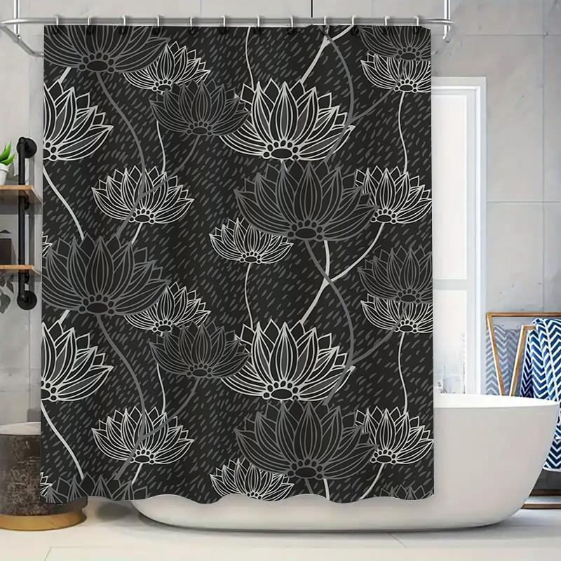 

Modern Black White Lotus Shower Curtain for Bathroom Decor Waterproof Fabric with Hook Rings Large Size 72x84 inches 90x180cm