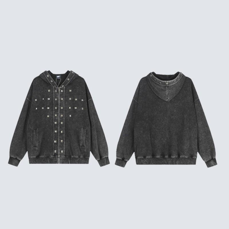 Unisex Oversized Hooded Sweatshirt With Rivet Detail Waterwashed Distressed Cotton Long Sleeve Casual Top Fall