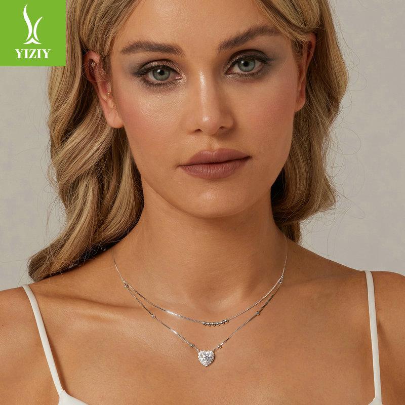 Heart-Shaped One-Carat Moissanite Double-Layer Clavicle Chain, Light Luxury And High-End S925 Sterling Silver Necklace.