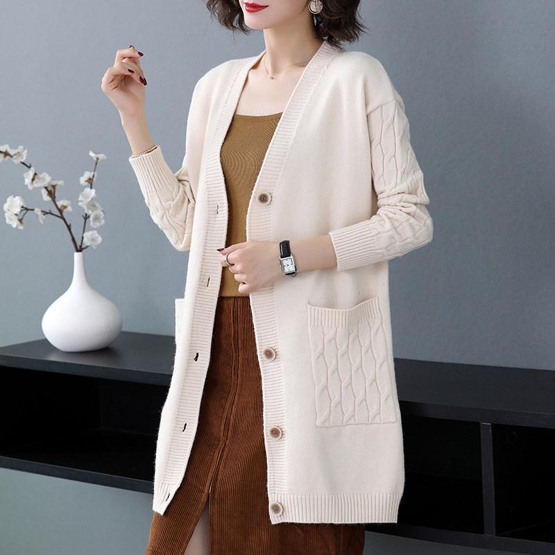 Women's Solid Color Knit Cardigan - V-Neck Mid-Length, Loose Fit Sweater for Spring & Autumn