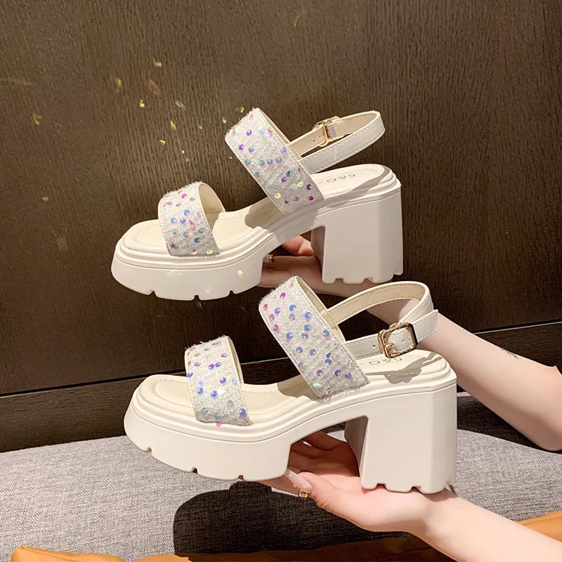 Fashion 2024 New Fashion Women's Bling High Heel Sandals Open Toe Shoes Buckle Summer Casual Beach Walking Shoes Flat Roman Sandals