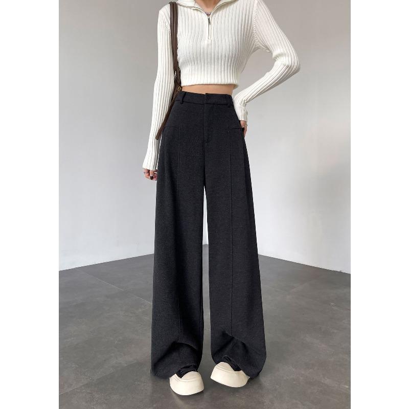 Black and Gray Acetate Wool Casual Pants Autumn Women's Straight-leg Trousers Wide-leg Trousers Drape High-end Feeling