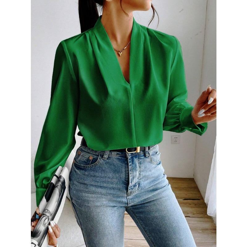 New Satin Satin Shirt for Women Spring Autumn Loose V-neck Top Blouses