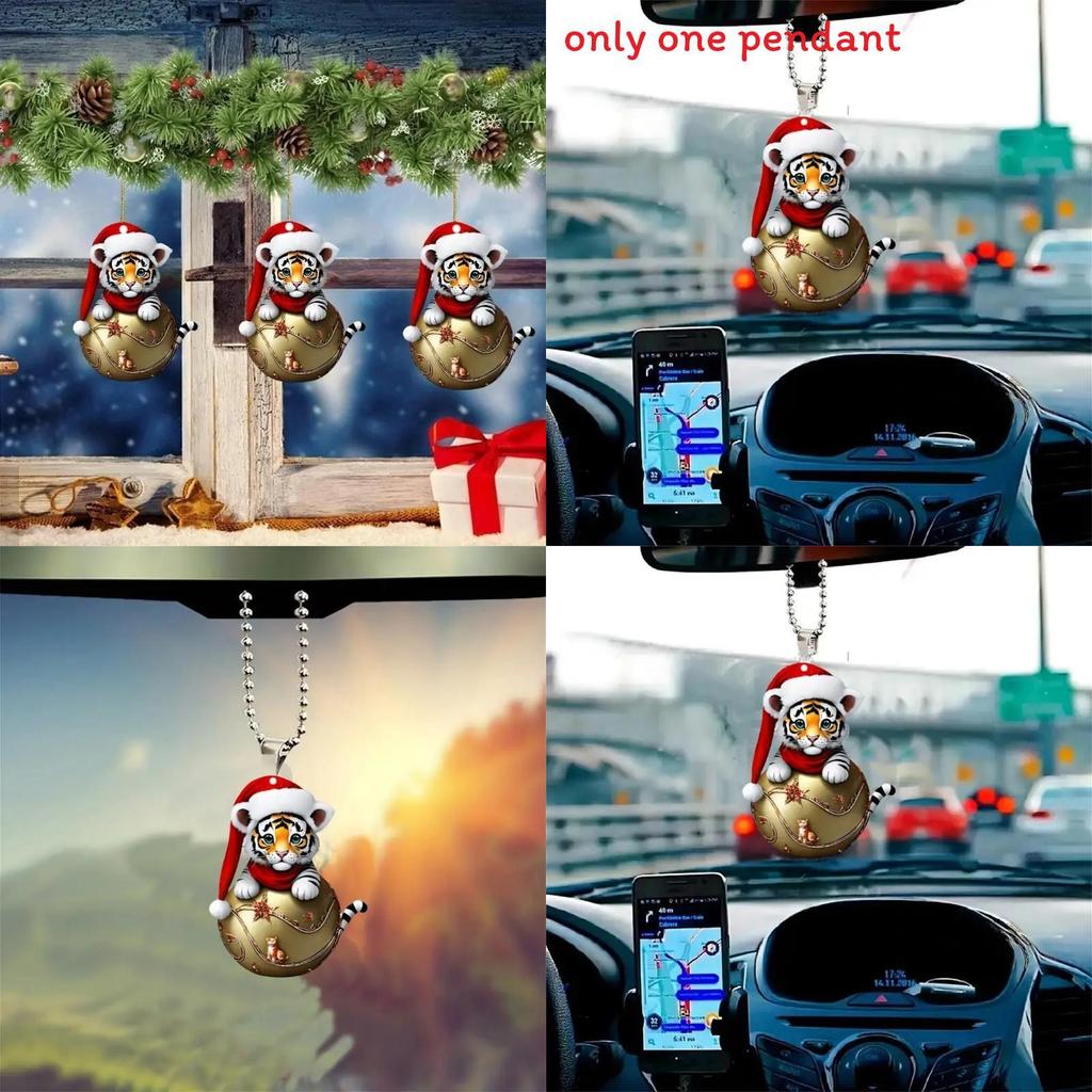 Car Decor Keyring With Cartoon Tiger Wearing Christmas Hat Design Acrylic Ornament For Travel And Gift