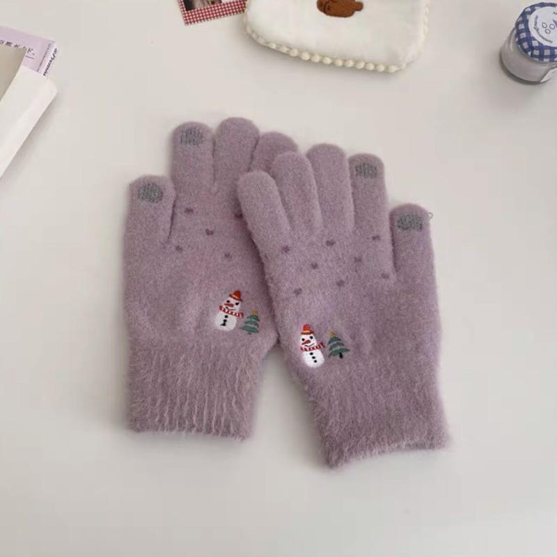 Cartoon Thermal Gloves Women Winter Thickened Cute Couple Student Cold Knitted Wool Riding Five Fingers