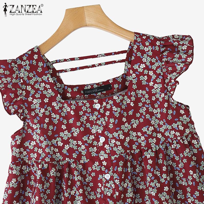 ZANZEA Women Casual Square Collar Cap Sleeve Summer Floral Blouse