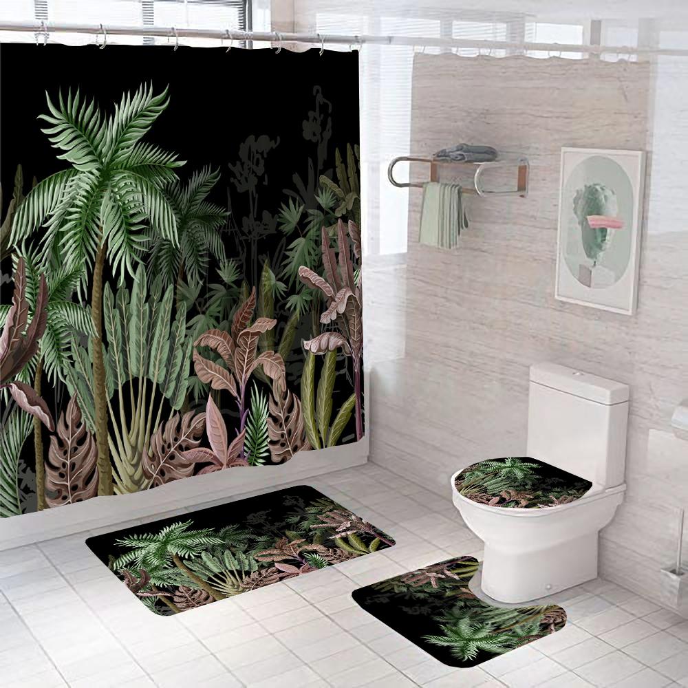 Black and Gold Tropical Plant Palm Leaf Bathroom Shower Curtain Set for Bathtub Exotic Leaves Bath Mats Rugs Toilet Home Decor