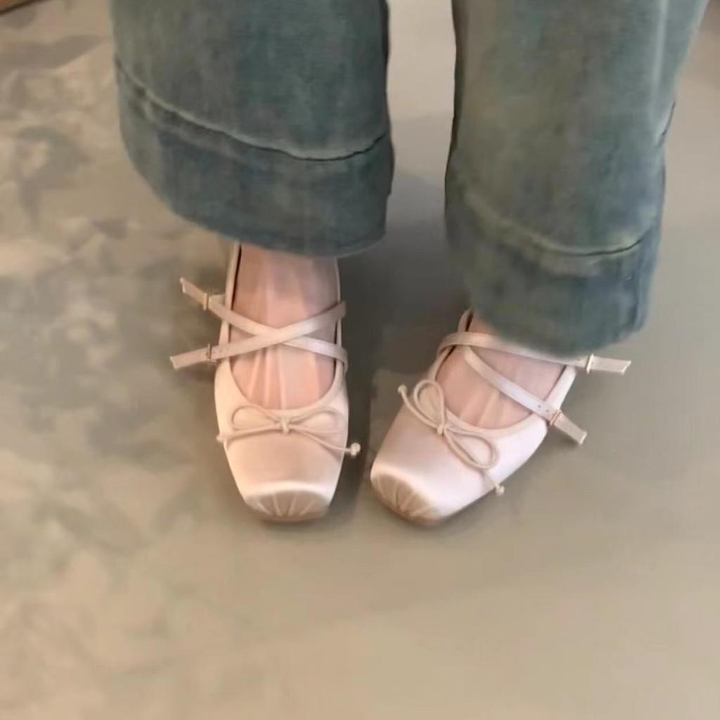 Retro gentle fairy skirt low heel square head bow word belt single shoes women 2025 new ballet style women's shoes