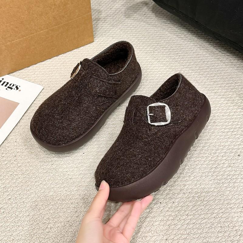 Fashion Winter New Flat Shoes Women's Fashion Round Head Suede Deep Mouth Metal Buckle Thick Soled Cotton Shoes