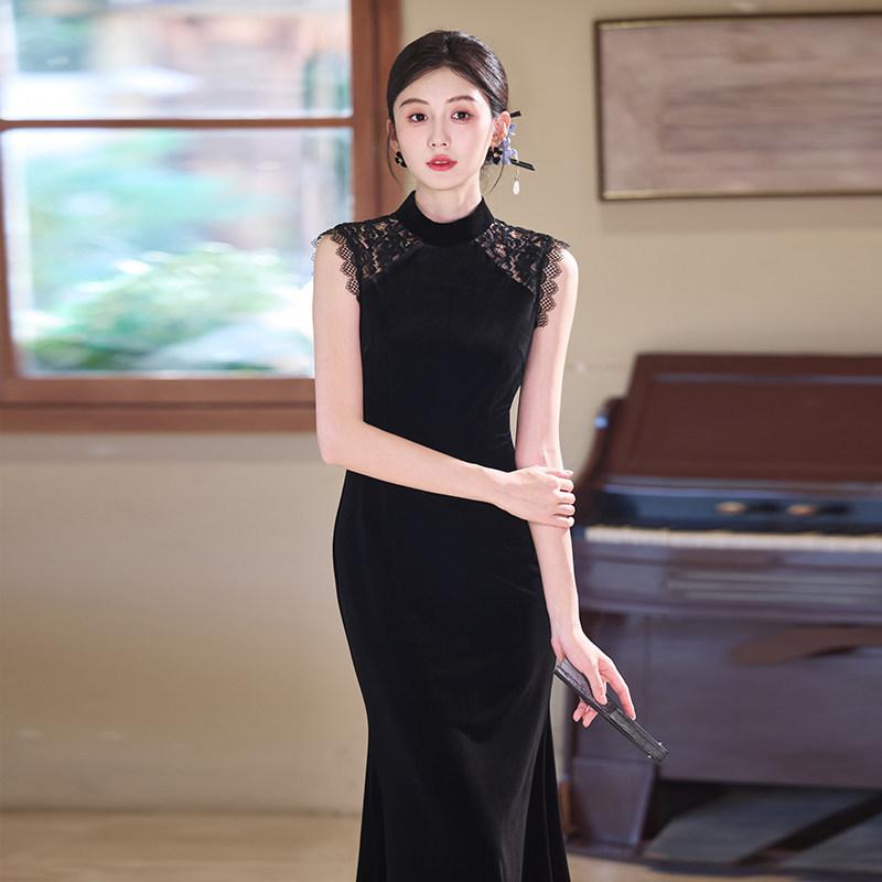 Black velvet sleeveless national style new Chinese Suzhou waist pinched autumn cheongsam improved young women's high-end dress
