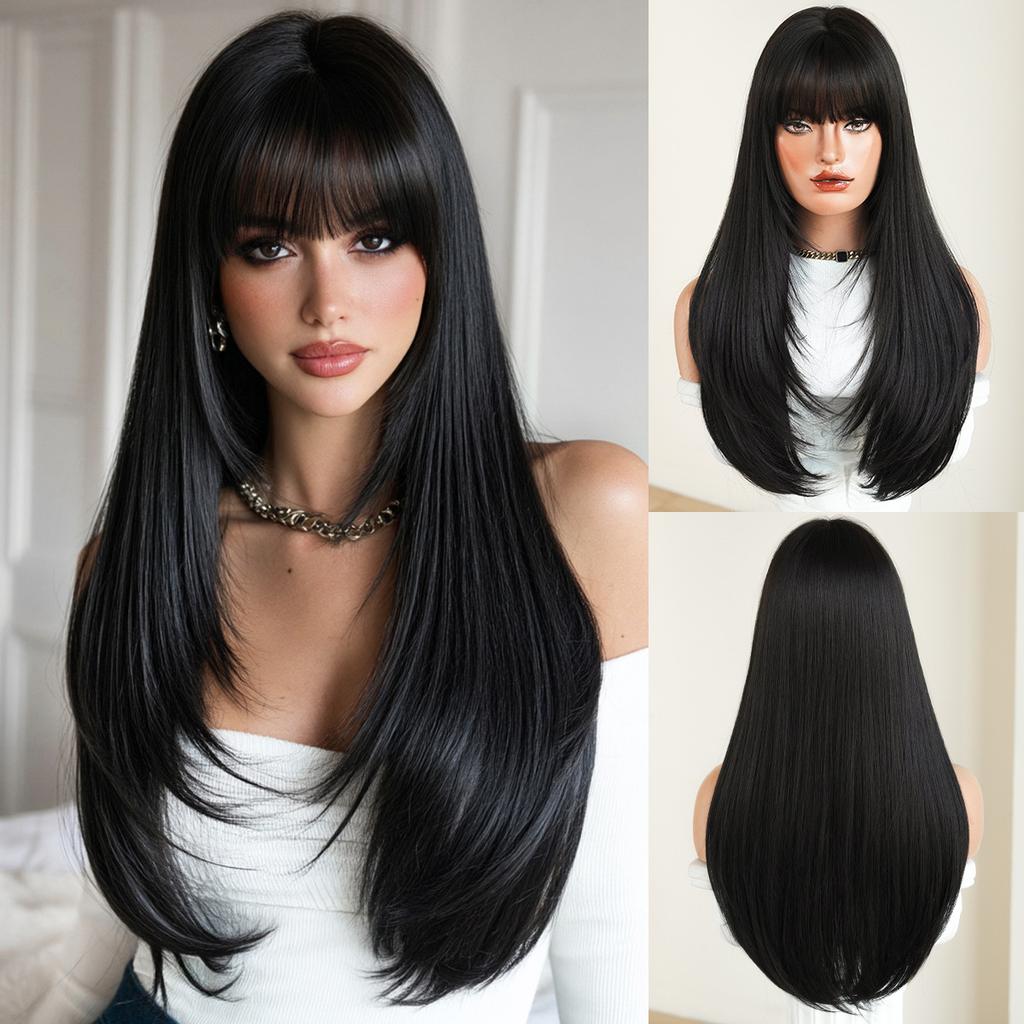 64cm Long Straight Layered Wig with Bangs – Heat-Resistant Synthetic Hair in Brown, Auburn, Ash Blonde, Gold, Black & Pink