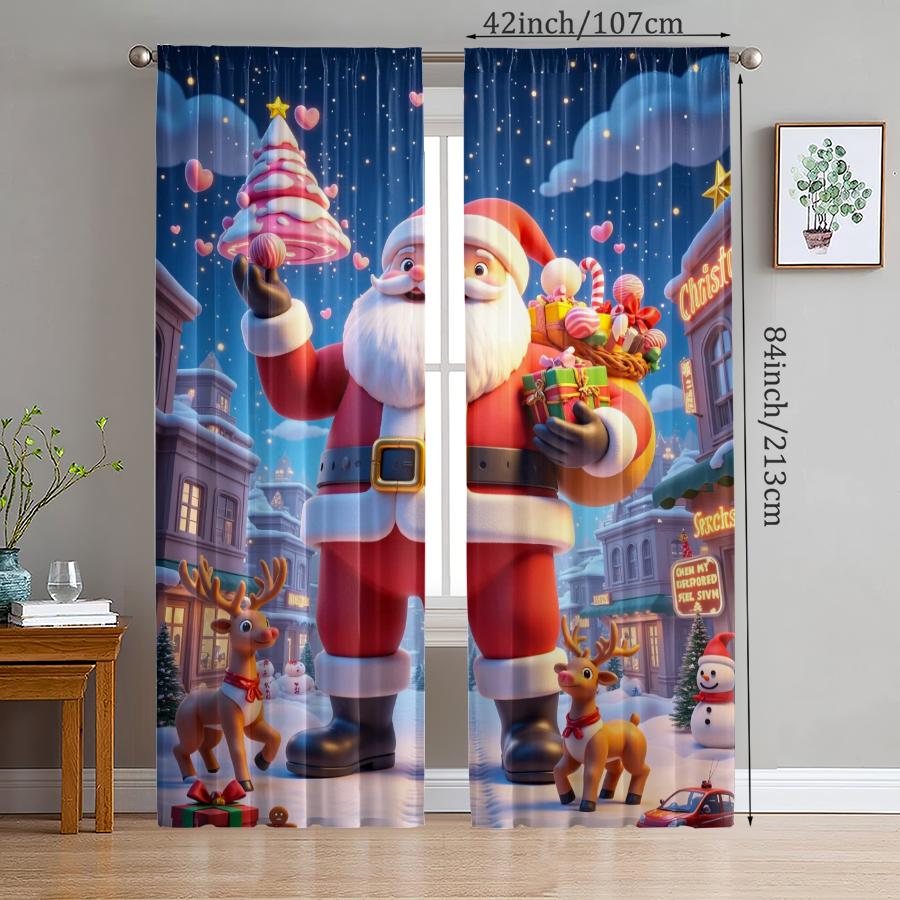 Set Of 2 Christmas Santa Claus Tree Pattern Printed Curtains Decorations Home Room Made Polyester Modern