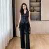 Women's V Neck Blazer Vest Sheer Lace Splicing Slim Fit Irregular Sleeveless Waistcoat