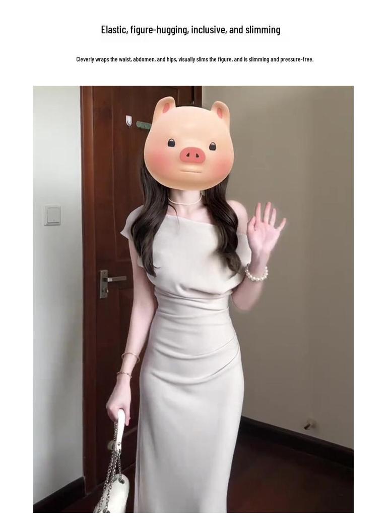 Stunning Apricot Off-Shoulder Bodycon Summer Dress - Women's Elegant Diagonal One-Shoulder Evening Gown