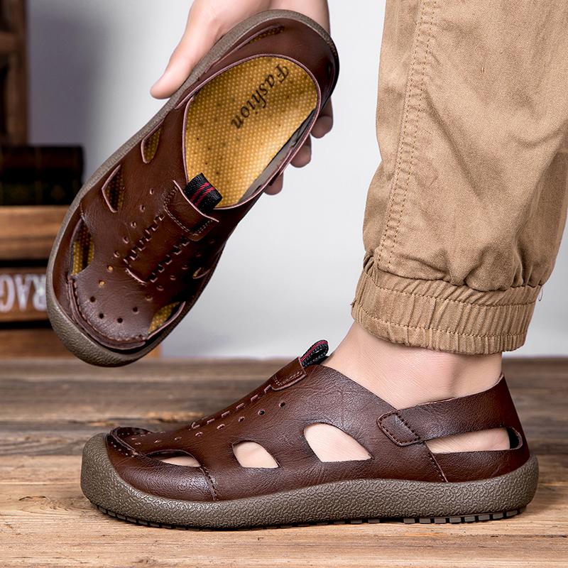Fashion New Handmade Summer Sandals Size 47 Men Breathable Leather Shoes Man Outdoor Sandals Antiskid Beach Hollow Shoes Fashion