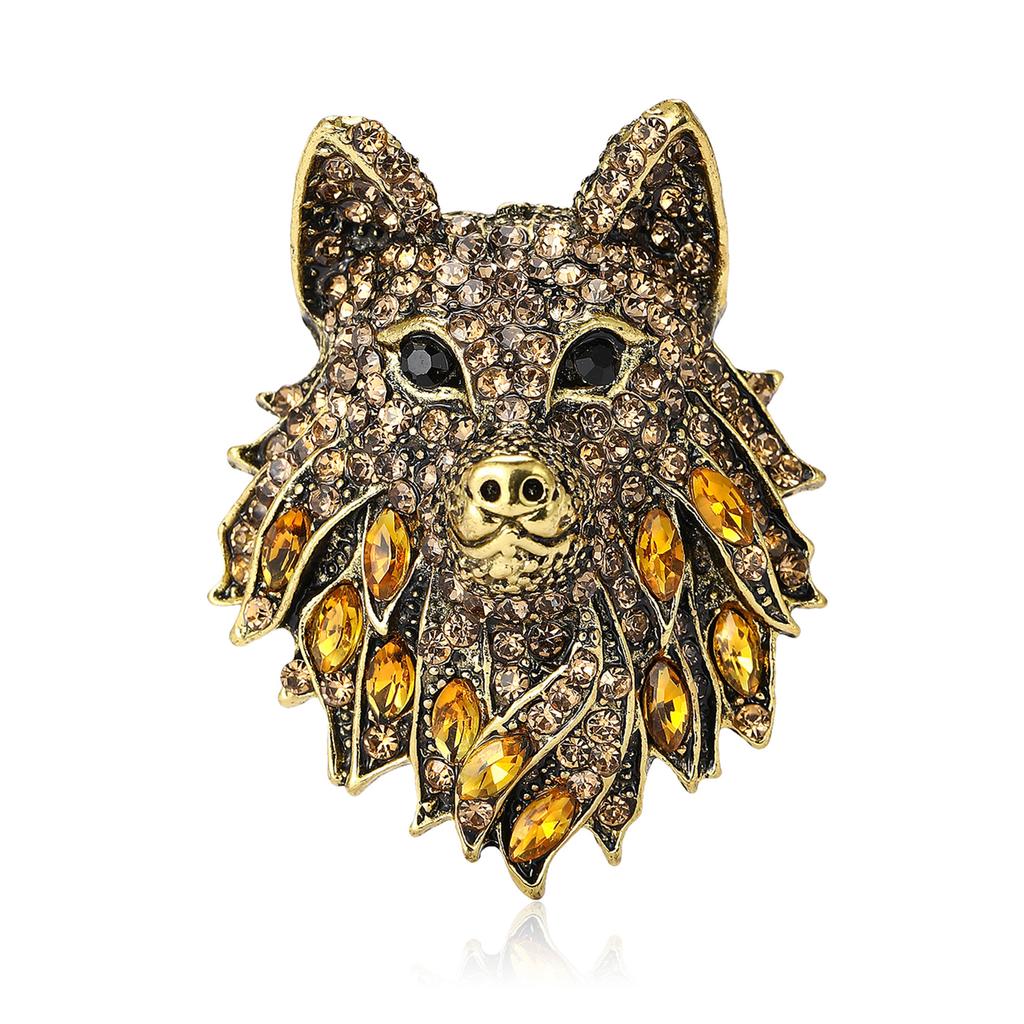 Exquisite Retro Alloy Rhinestone Wolf Head Brooch Domineering High-End Men'S Suit Coat Corsage Jewelry Pin