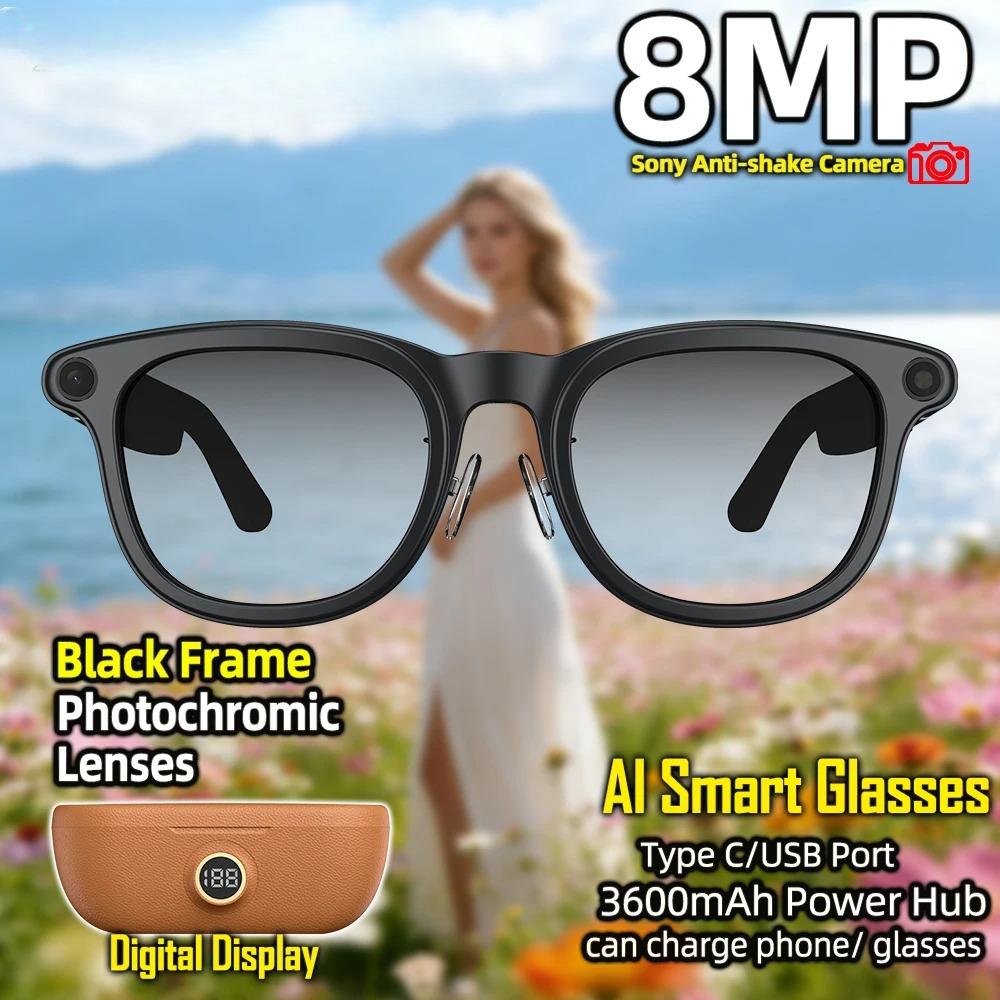 Nuovi Occhiali Intelligenti AI con Fotocamera Anti-shake a 6 Assi da 8MP, Riprese Video 1200P, Lenti Fotocromatiche, Power Bank da 220mAh con Display, Traduzione AI, Riproduzione Musicale