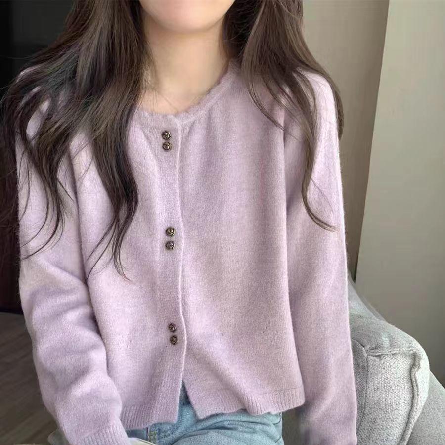 Soft Sweet Style Short Lace-Trimmed Crew Neck Long-Sleeve Knit Sweater Cardigan Jacket for Outer Wear