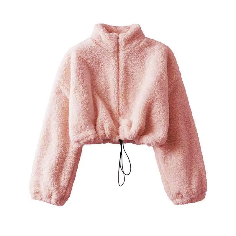 

Женская куртка короткая весенне-осенняя женская одежда молния кулиска свободная универсальная стойка пушистый топ XL розовый