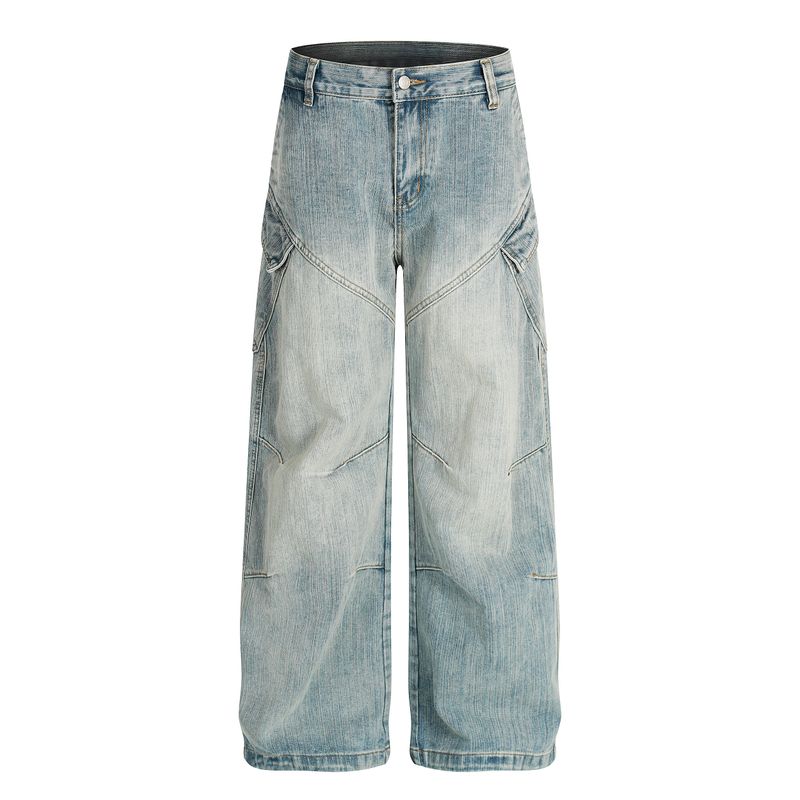 

Madwitch American Retro Bamboo Texture Washed Jeans Unisex Loose Casual Deconstructed Design Silhouette Pants Retro Blue 2XL