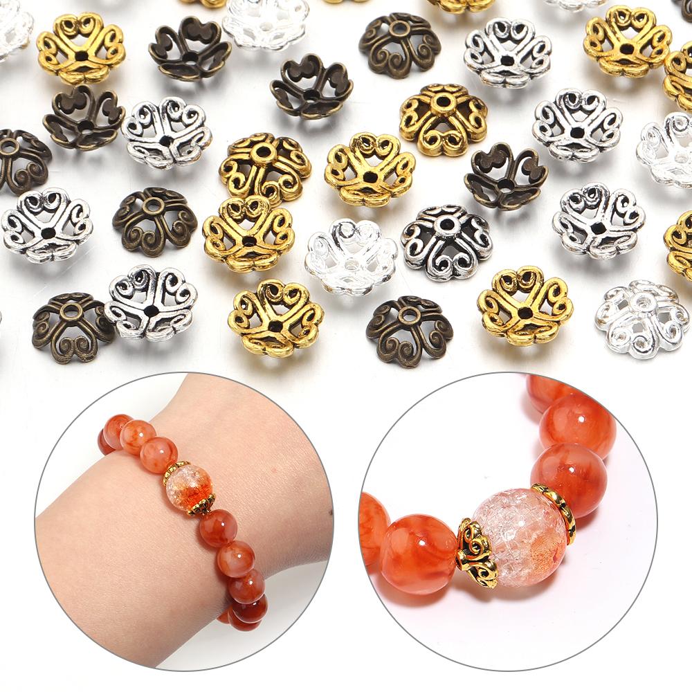 100pcs 8mm Alloy Hollow Out Flower Bead Caps Metal Spacer Beads Flower Tray For Jewelry Making DIY Necklace Bracelet Accessories