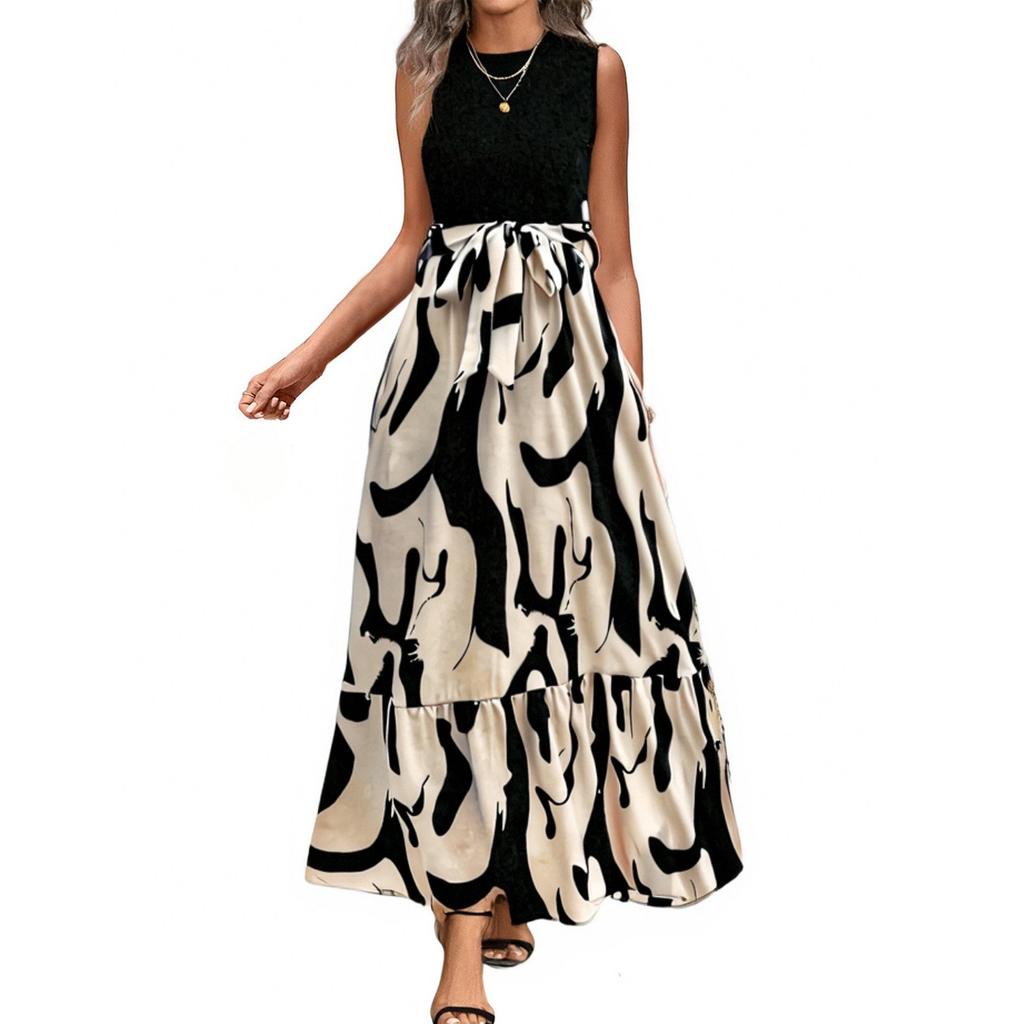 Women's Floral Print High Waist Fashionable And Elegant Sleeveless Dress