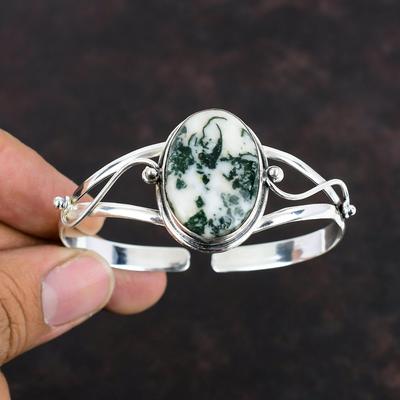 Tree Agate Gemstone Bangle Handmade Jewelry 925 Sterling Silver Cuff Bracelet Adjustable Bangle Anniversary Gifts Tree Agate Silver Jewelry