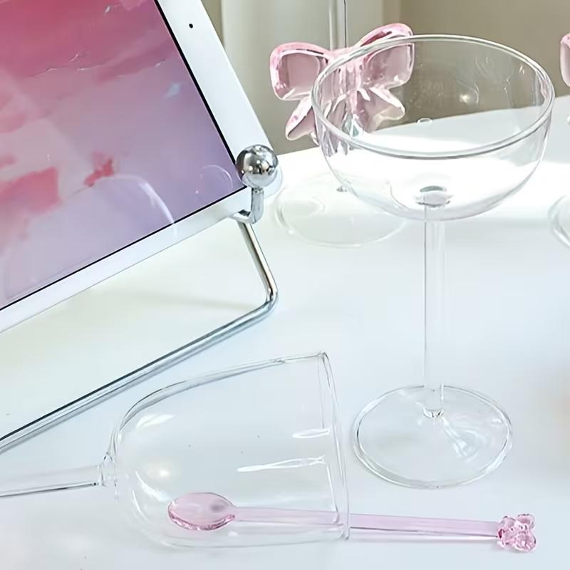 Szklana łyżeczka do kawy z różową kokardką, Długa łyżeczka do deserów/herbaty mlecznej, Łyżeczka żaroodporna, Domowe narzędzie kuchenne.