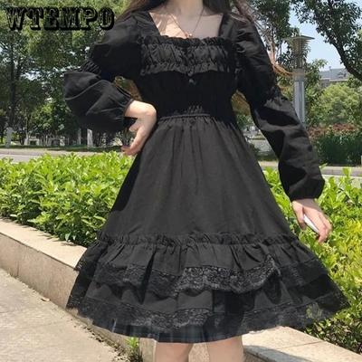 Schwarzes Punk-Feen-Mini-Spitzenkleid für Damen, Harajuku, Kawaii, Lolita-Kleid, dunkle Ästhetik, Gothic, koreanisches Casual, Cosplay-Kleid