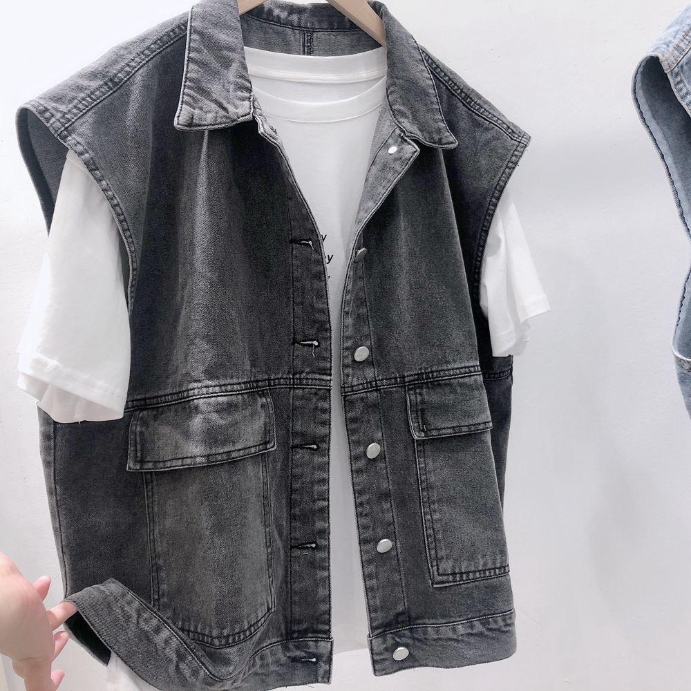 Giacca di Jeans Gilet Gilet Retro Primavera e Autunno Donna Senza Maniche Casual Versatile Capo d'Abbigliamento Esterno Top Cargo in Denim