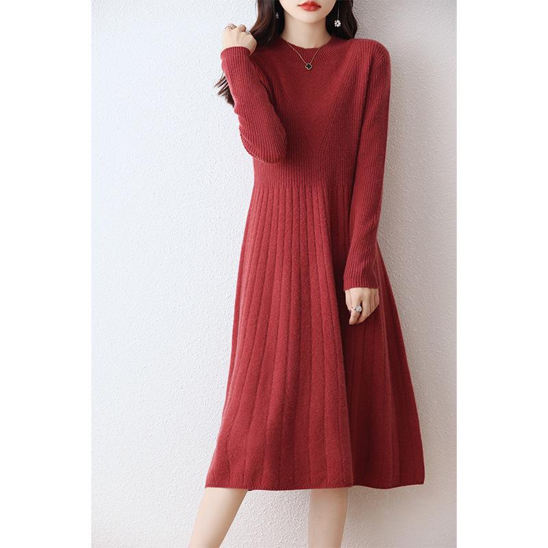 Women's Wool Round Neck Long Sweater Dress - Autumn/Winter Slim Knit Versatile Outerwear
