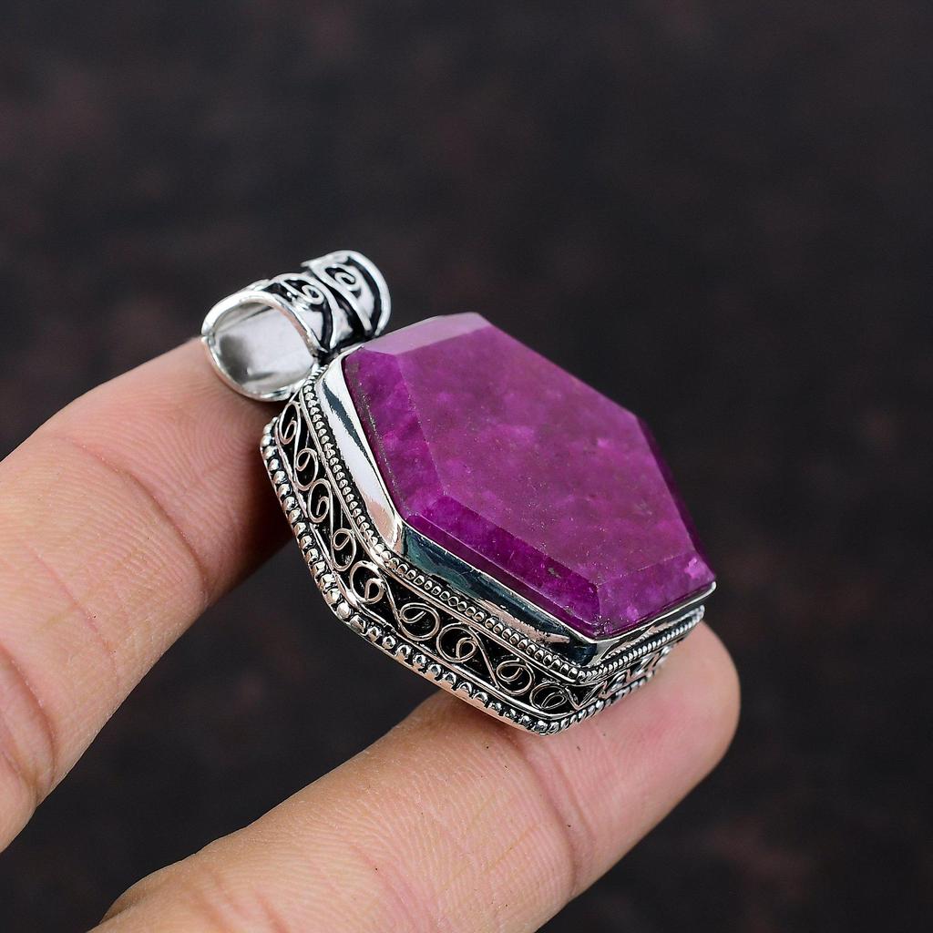Faceted Kashmir Ruby Pendant Genuine Gemstone Pendant 925 Sterling Silver Pendant Kashmir Ruby Jewelry Handmade Vintage Pendant Gift For Him