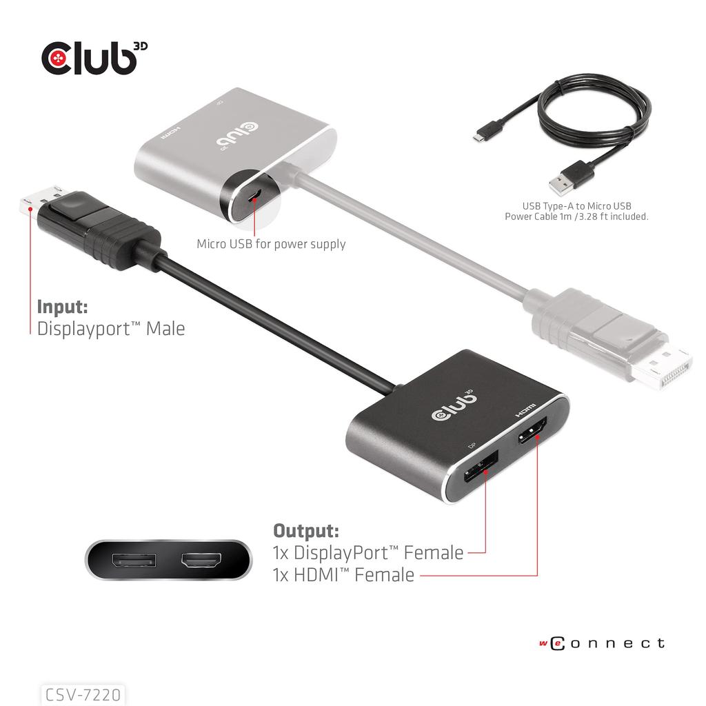 Club 3D MST Hub DisplayPort to DisplayPort HDMI 4K60Hz Dual Display Distribution Hub 1.4 + Male/Female (CSV-7220)