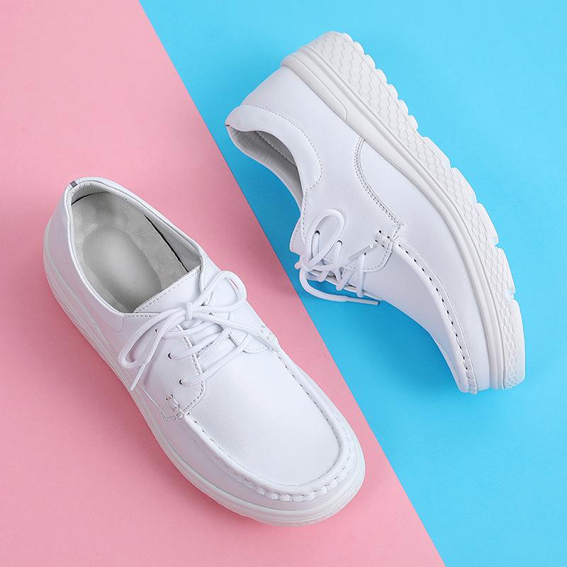 Fashion White Shoes Genuine Leather Lace Up Women Shoes 2024 Autumn Thick Sole Casual Shoes for Women Fashion Soft Sole Non Slip Flats