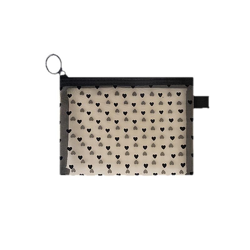 Nylon Mesh Cosmetic Bag Zipper Heart Shaped Toiletry Organizer Makeup Bags Multifunctional Women Lipstick Key Coin Purse Pouch