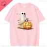 Women Ghost Pumpkin Bat Print Round Neck Pullovers Funny Halloween Costume Cotton Shirt Graphic T Shirts Y2k Top Harajuku Tops