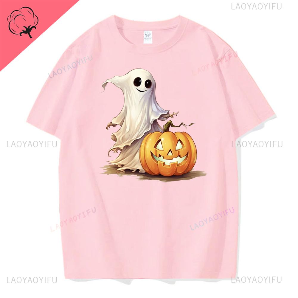 Women Ghost Pumpkin Bat Print Round Neck Pullovers Funny Halloween Costume Cotton Shirt Graphic T Shirts Y2k Top Harajuku Tops