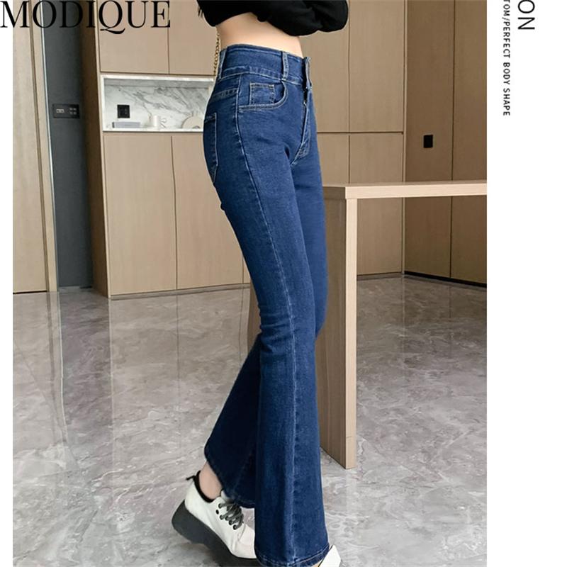 MODIQUE Autumn Plus Size New Women Bell-Bottoms Basics Elastic Pants Full Length Lady High Waisted Casual Long Jeans Female Denim   Trousers