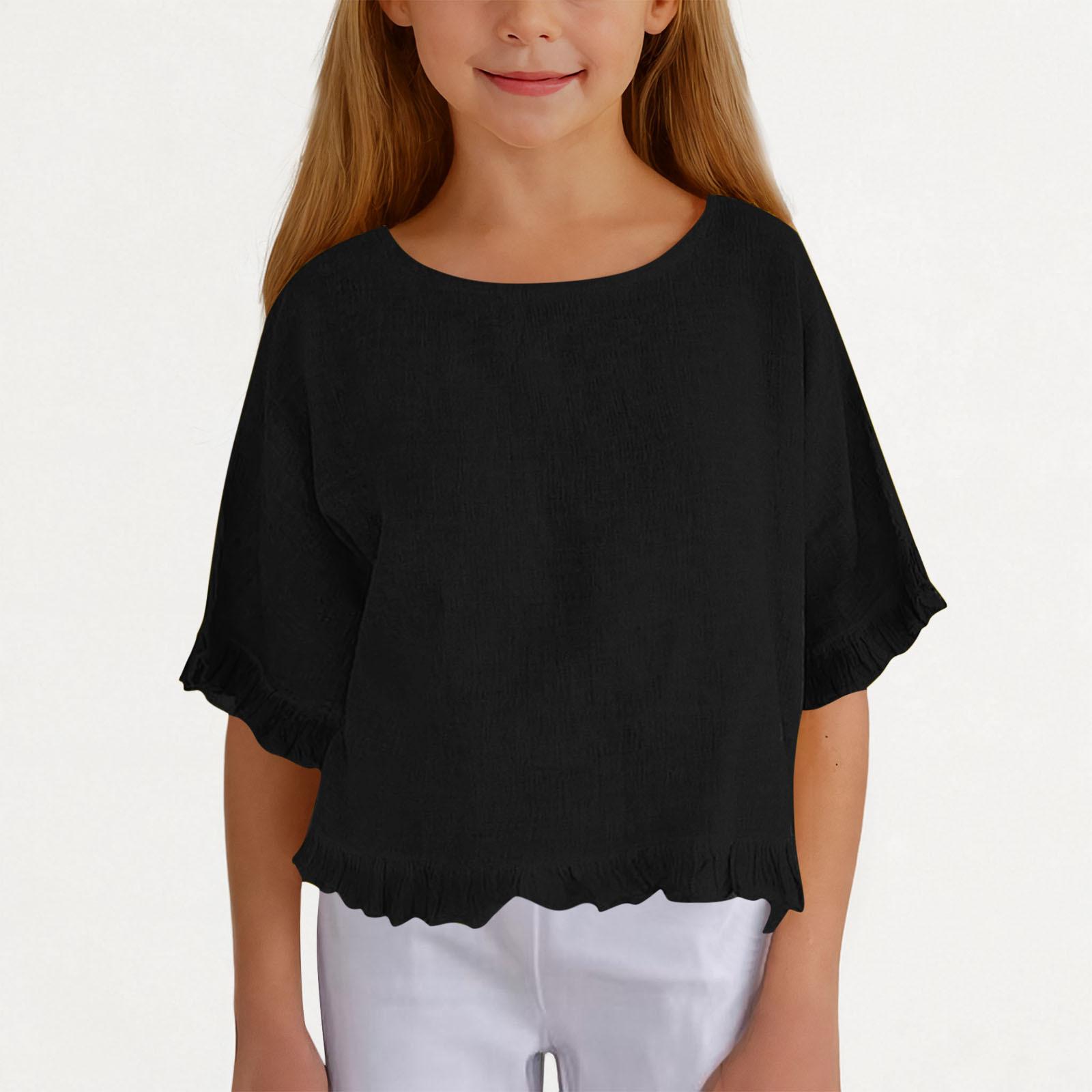 Girls  Linen Ruffle Top - Short Sleeve Round Neck Blouse 120