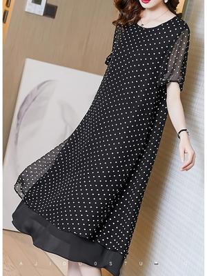 2026 Summer Chiffon Polka Dot A-line Plus Size Dress for Middle-aged Women