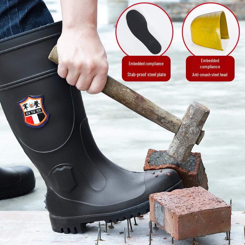 Jun Deng Men's High-Top Waterproof Anti-Smash Puncture-Resistant Work Boots - Durable, Thick-Soled Rain Boots for Construction Sites.