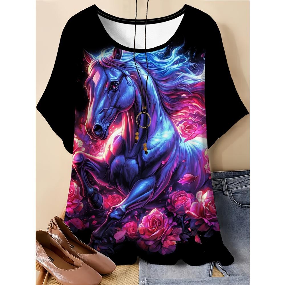 Sommer Modisches Lässiges Rundhals Kurzarm T-Shirt Bequem Atmungsaktiv Tier 3D Druck Locker Damen Pendler Vielseitiges T-Shirt