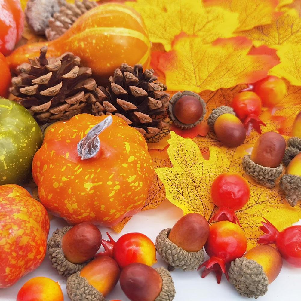 Autumn Pumpkin Decor Set: Realistic Mini Pumpkins, Pinecone & Maple Leaves