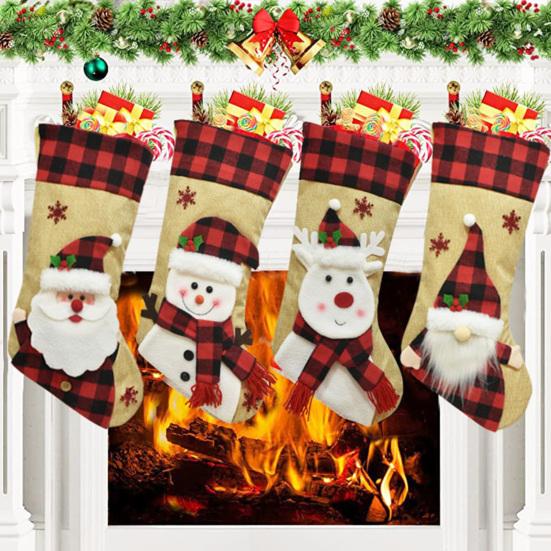 Christmas Stockings 18" Burlap Plaid Fireplace Hanging Stockings 3D Plush Santa Claus/Snowman/Reindeer Large Xmas Stockings for Holiday Party Decor