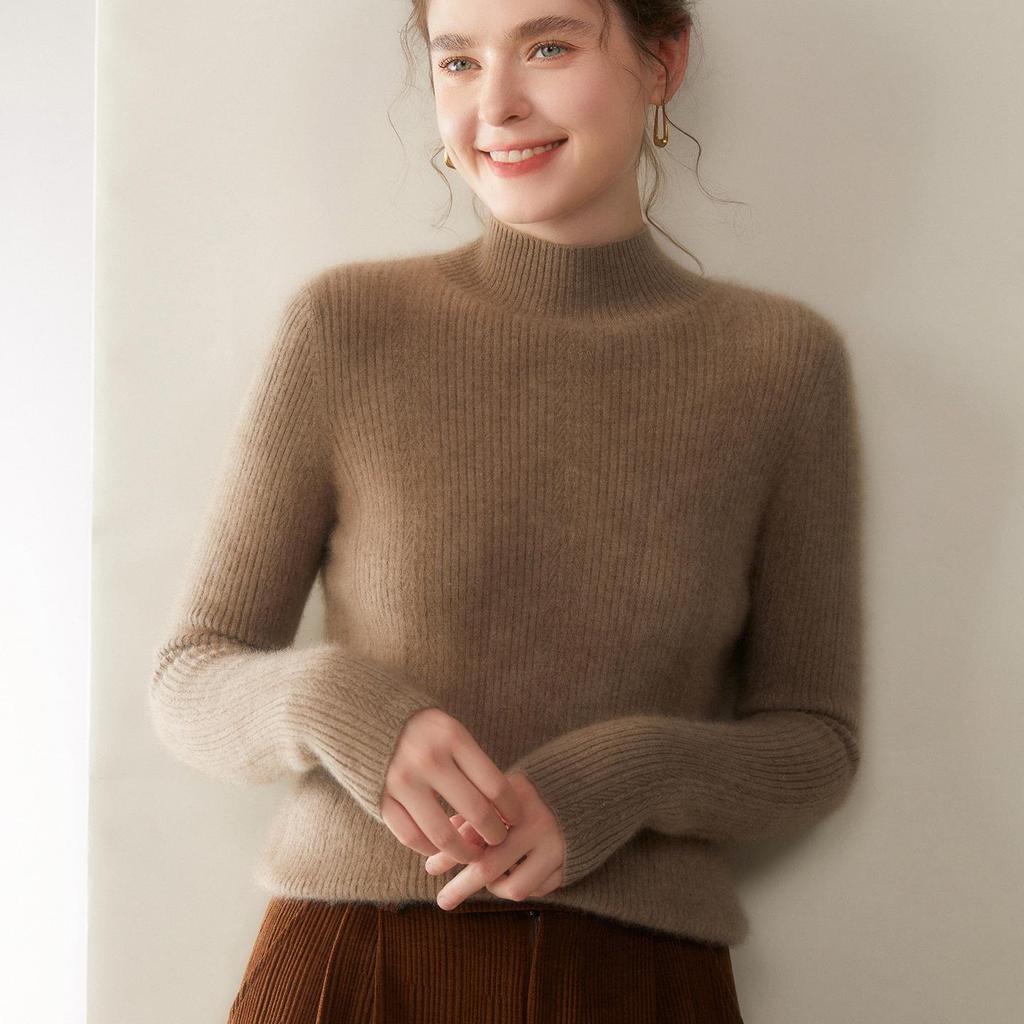 Damen Schlank Geschnittener Rippstrick Kaschmirpullover - Halber Rollkragen, Einfarbige, Perfekt für Herbst & Winter.