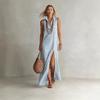 European and American independent station striped stand-up collar sleeveless split long dress casual women's dress