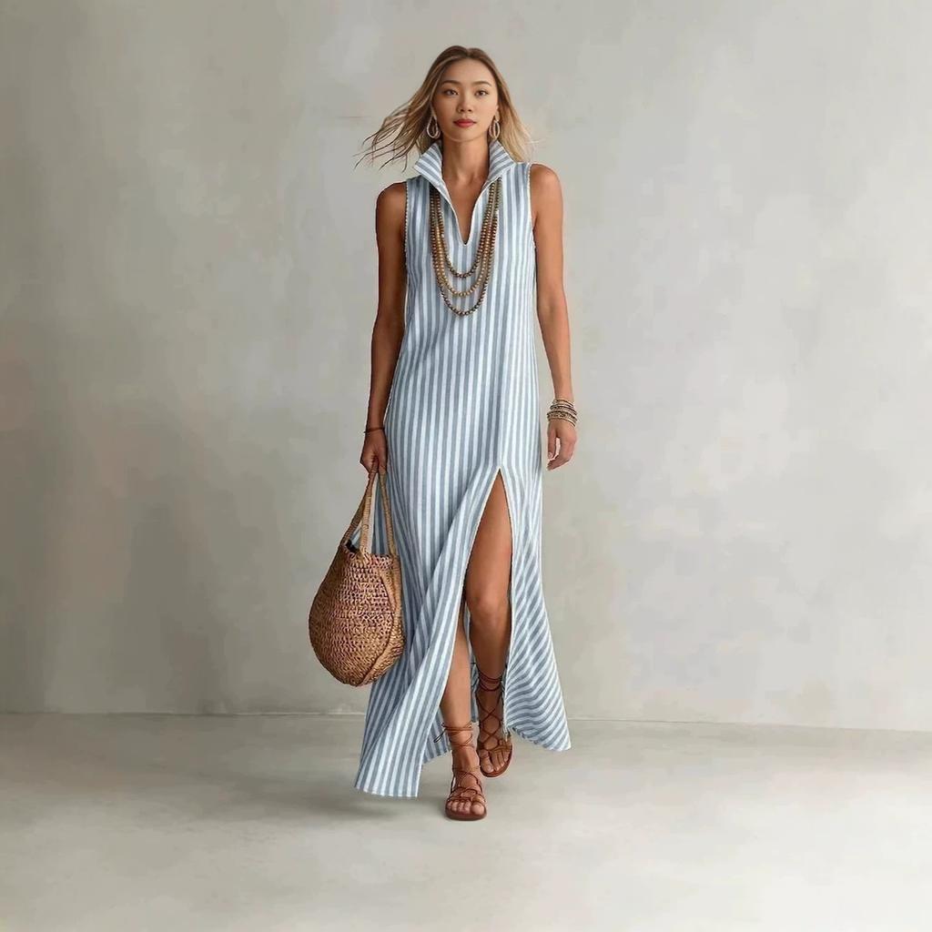 European and American independent station striped stand-up collar sleeveless split long dress casual women's dress